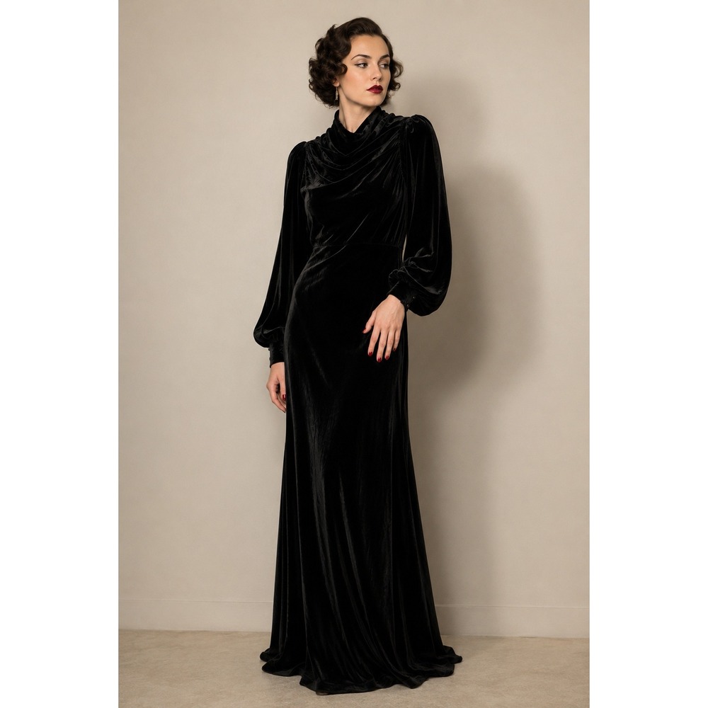 1930s Black Velvet Art Deco Gown Cowl Neck Balloon Sleeve Gothic Sz 6 Antique